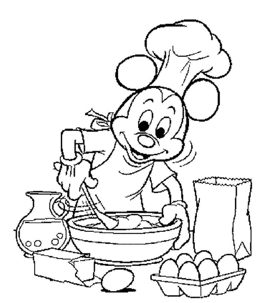 Coloring Mickey mouse prepares food. Category Cooking. Tags:  food, chef, Mickey mouse.