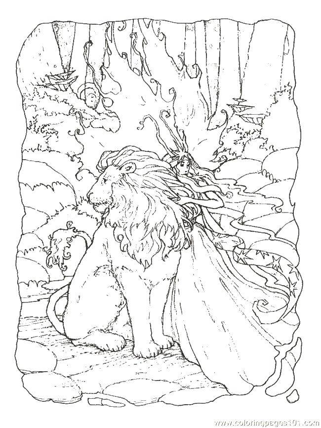 Название: Раскраска Принцесса и лев. Категория: мультики. Теги: лев, девушка, лес.