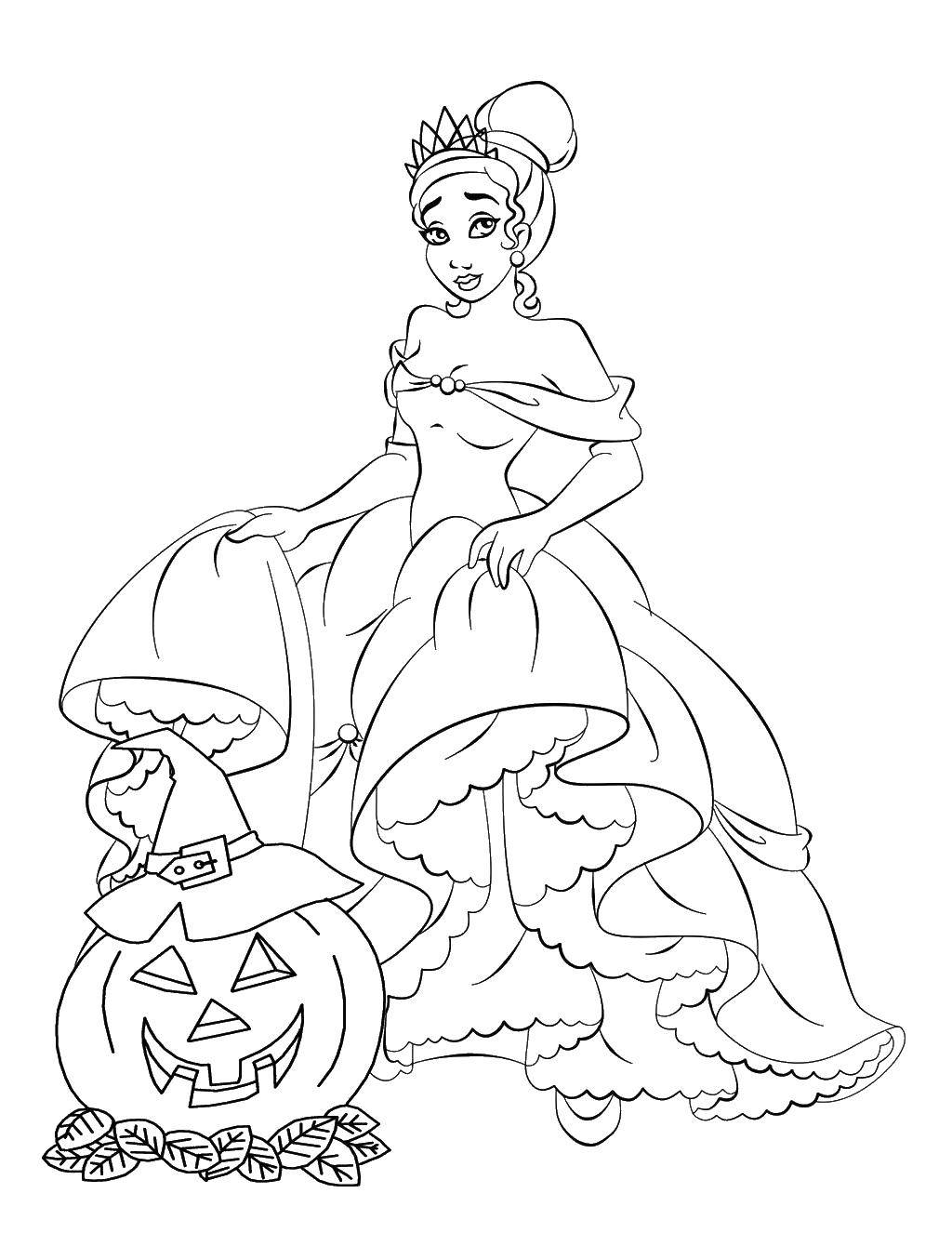 Название: Раскраска Принцесса и тыква. Категория: Хэллоуин. Теги: Хэллоуин, тыква, принцесса, платье.