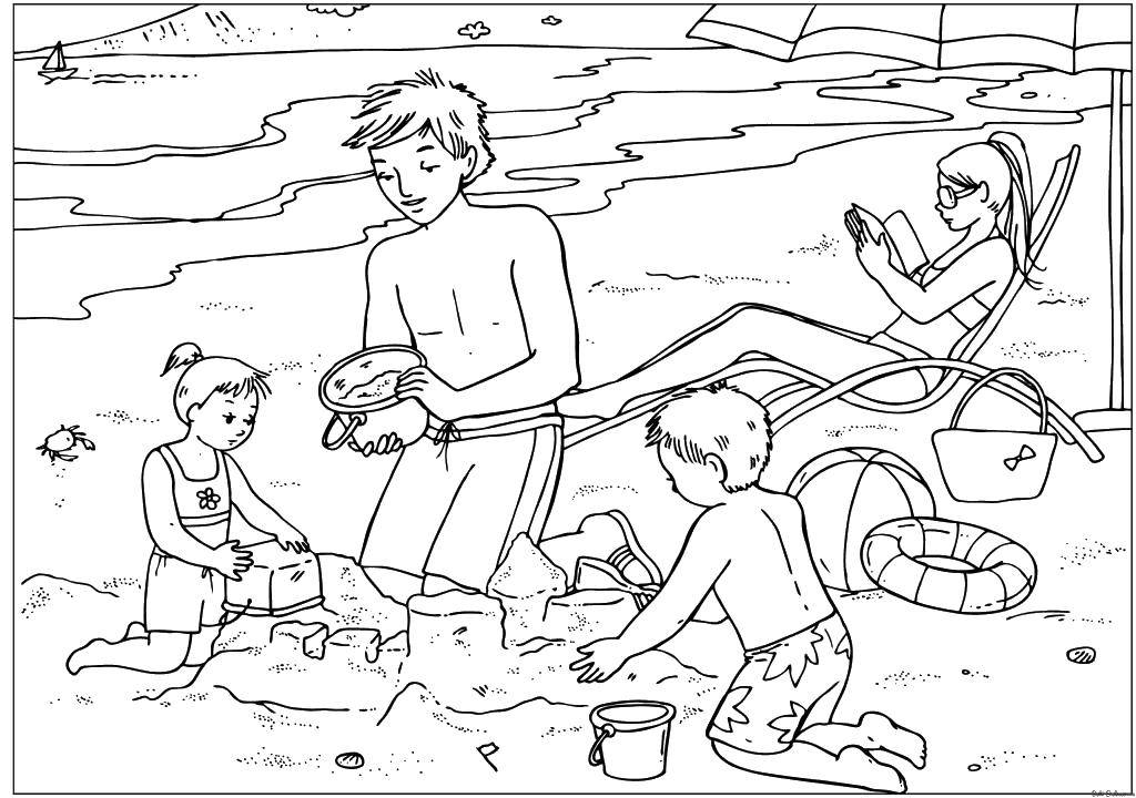 Coloring The family relaxes on the beach. Category Beach. Tags:  Beach, umbrella, vacation, bucket, ball.