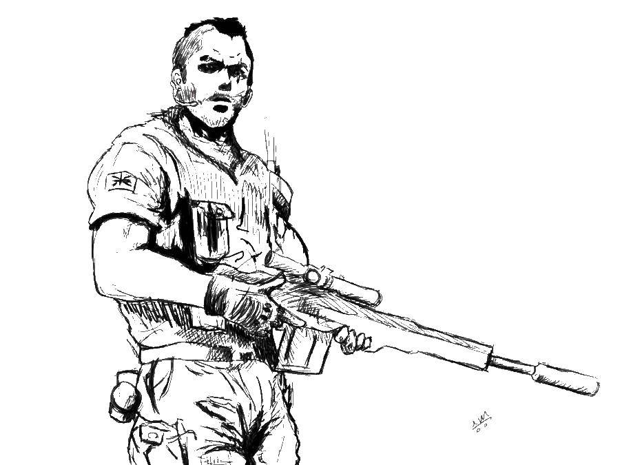 Coloring A soldier with a gun. Category military. Tags:  war, tank, soldiers.