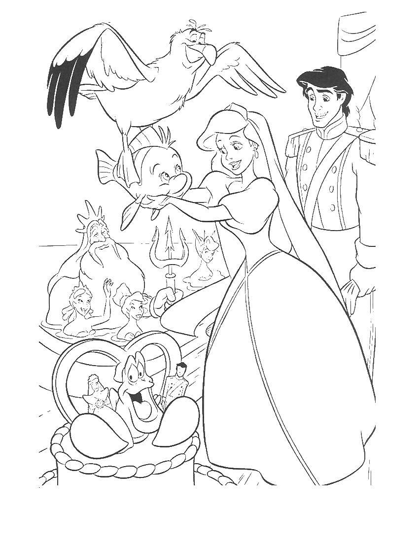 Название: Раскраска Свадьба русалки ариэль и принца эрика. Категория: русалочка ариэль. Теги: Ариэль, русалка.