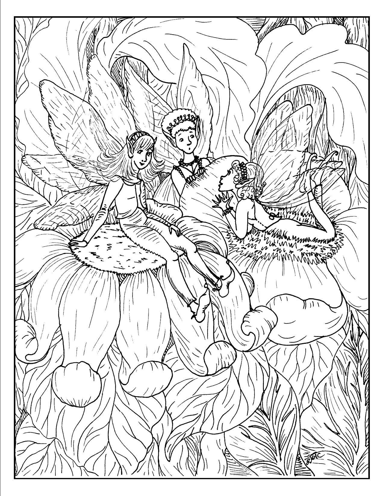 Coloring The three good fairies in the flowers. Category fiction. Tags:  fairies , flowers, wings.