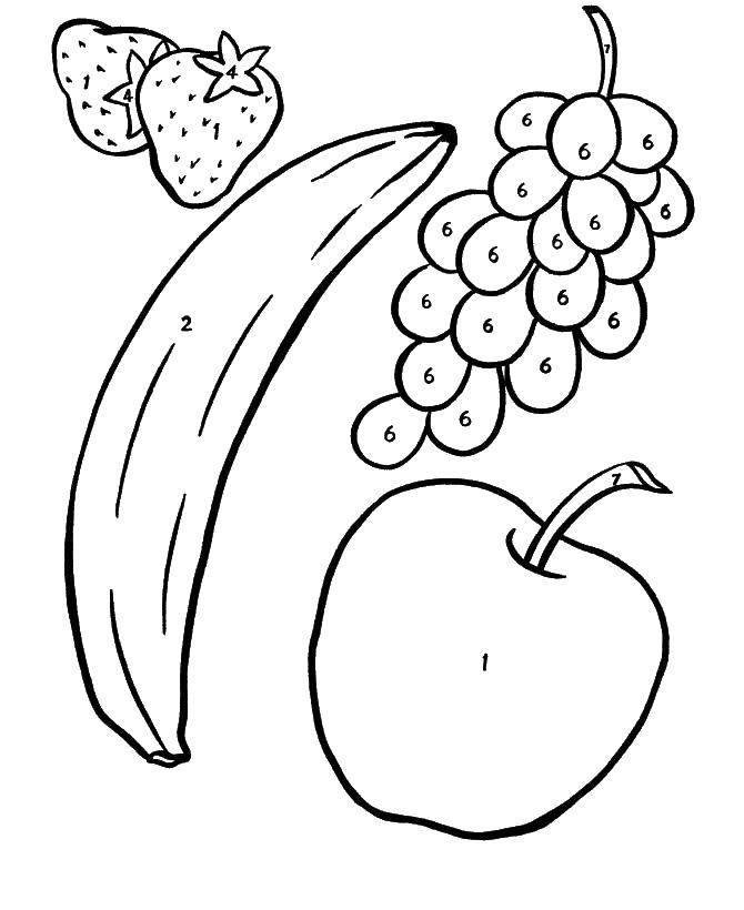 Название: Раскраска Яблоко и банан. Категория: Фрукты. Теги: яблоко, банана, клубника, виноград.