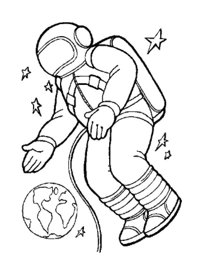 Розмальовки  Космонавт і земля. Завантажити розмальовку - космос, планета, ракета, Гагарін, день космонавтики.  Роздрукувати ,День космонавтики,