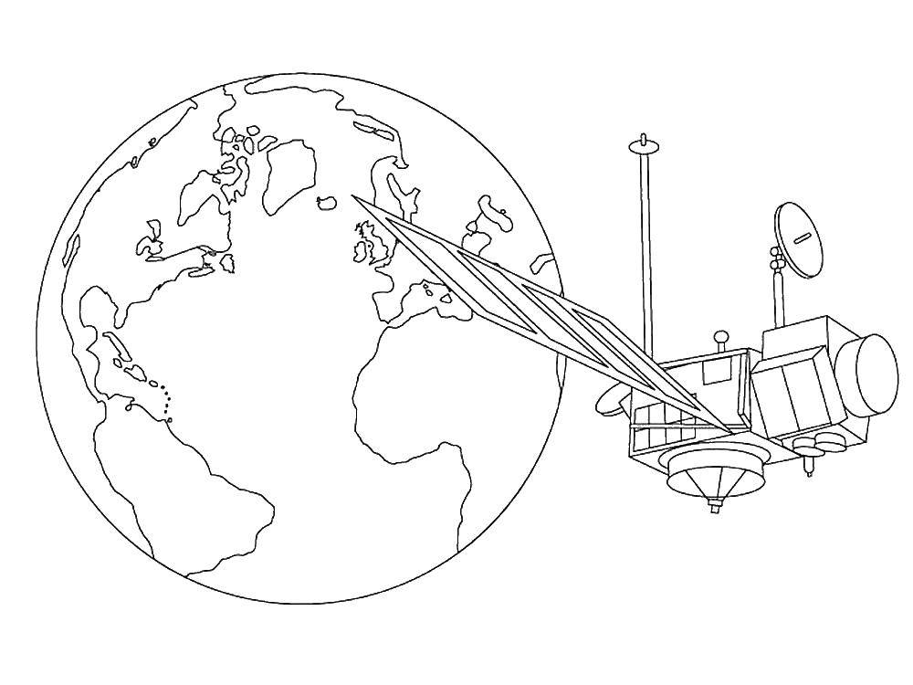 Розмальовки  Планета земля і супутник. Завантажити розмальовку - космос, планета, ракета, Гагарін, день космонавтики, земля.  Роздрукувати ,День космонавтики,