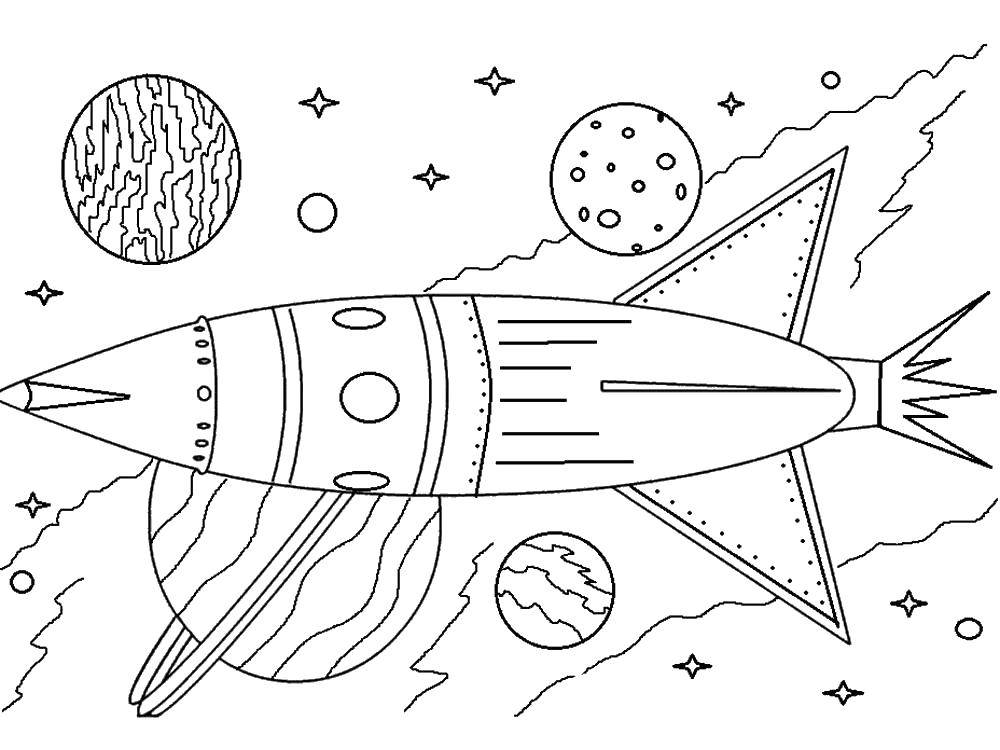 Розмальовки  Ракета летить у космосі між планет і зірок. Завантажити розмальовку Космос ракета, зірки.  Роздрукувати ,космос,