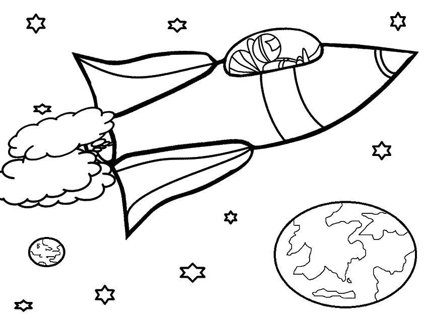 Розмальовки  Ракета повз планет в космосі. Завантажити розмальовку Космос ракета, зірки.  Роздрукувати ,ракети,
