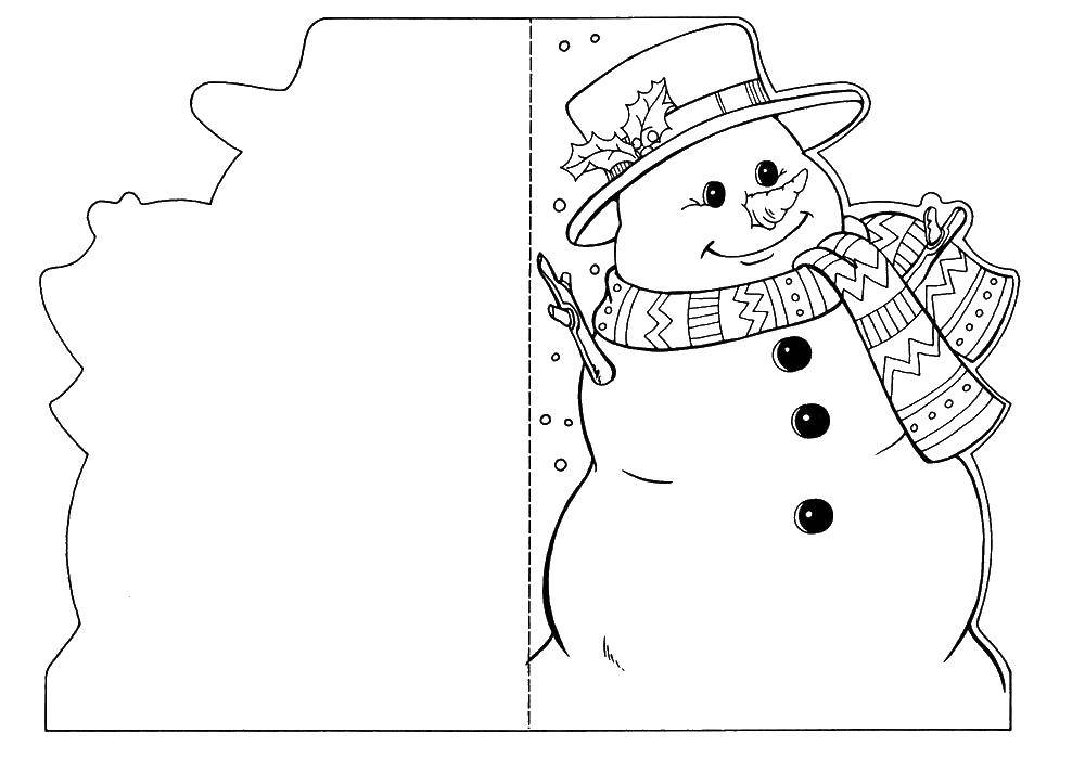 Розмальовки  Сніговичок листівка. Завантажити розмальовку листівки, сніговик.  Роздрукувати ,листівки,