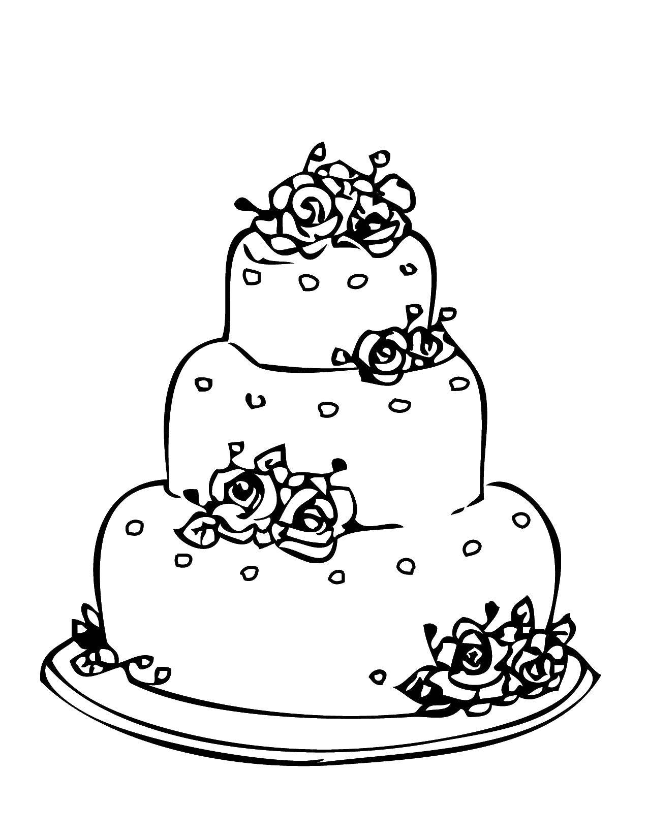 Розмальовки  Весільний тортик з трояндами. Завантажити розмальовку торти, солодощі, троянди.  Роздрукувати ,торти,