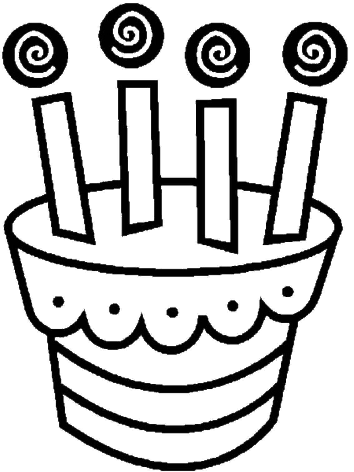 Розмальовки  Торт з свічками 4ма. Завантажити розмальовку торт, свічки.  Роздрукувати ,торти,