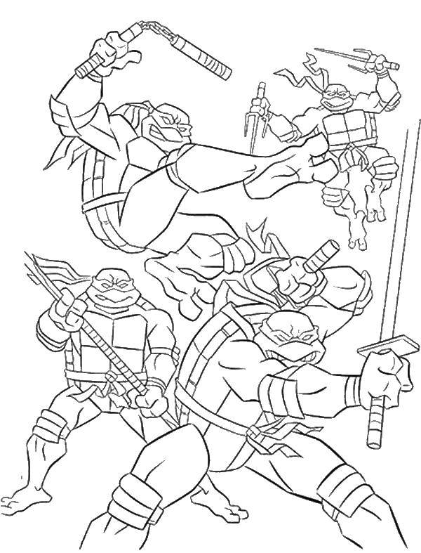 Coloring 4 turtles. Category teenage mutant ninja turtles. Tags:  cartoons, weapons, teenage mutant ninja turtles.
