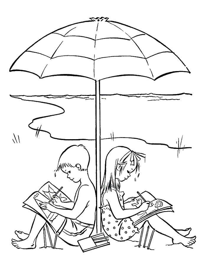 Название: Раскраска Дети рисуют на пляже под зонтом. Категория: Пляж. Теги: Отдых, дети, книги, природа.
