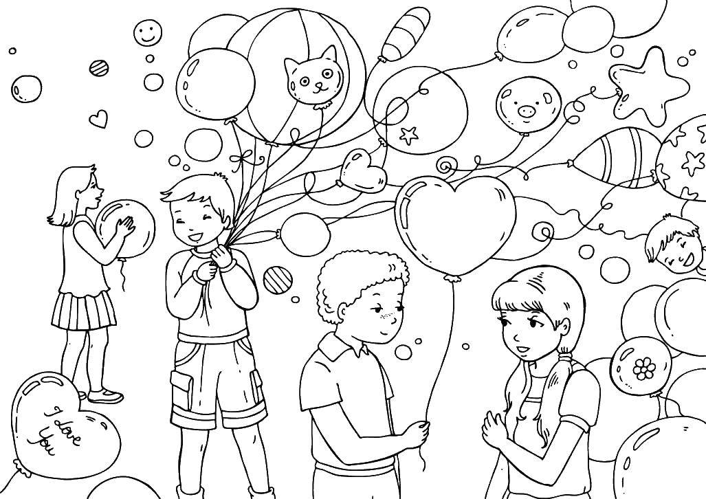 Название: Раскраска Дети с шариками. Категория: дети. Теги: дети, отдых, друзья, шарики.