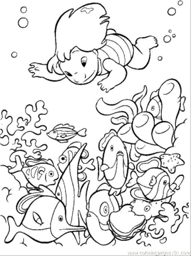 Название: Раскраска Девочка и рыбки. Категория: Морской мир. Теги: морской мир, рыбы, рыбки, девочки.