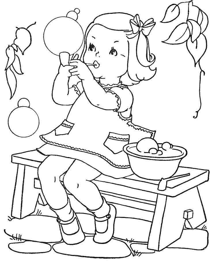 Название: Раскраска Девочка надувает пузыри. Категория: дети. Теги: дети, девочка, пузыри.