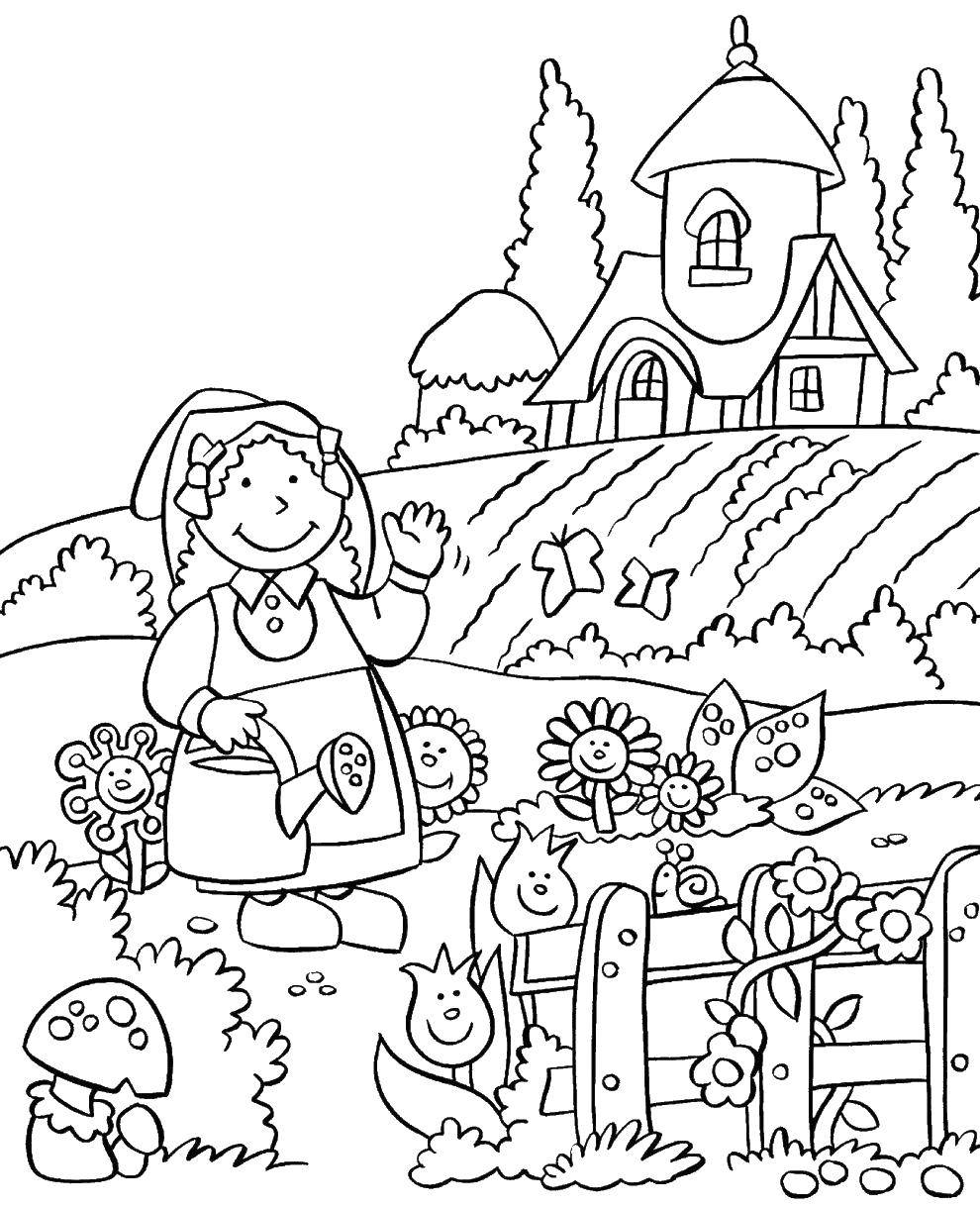 Coloring Girl watering flowers. Category plants. Tags:  plants, flowers, garden, vegetable garden.