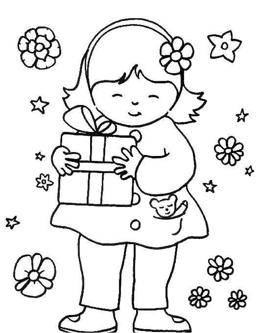 Coloring Girl with gift and Teddy bear in pocket. Category Coloring pages for kids. Tags:  girl , bear.