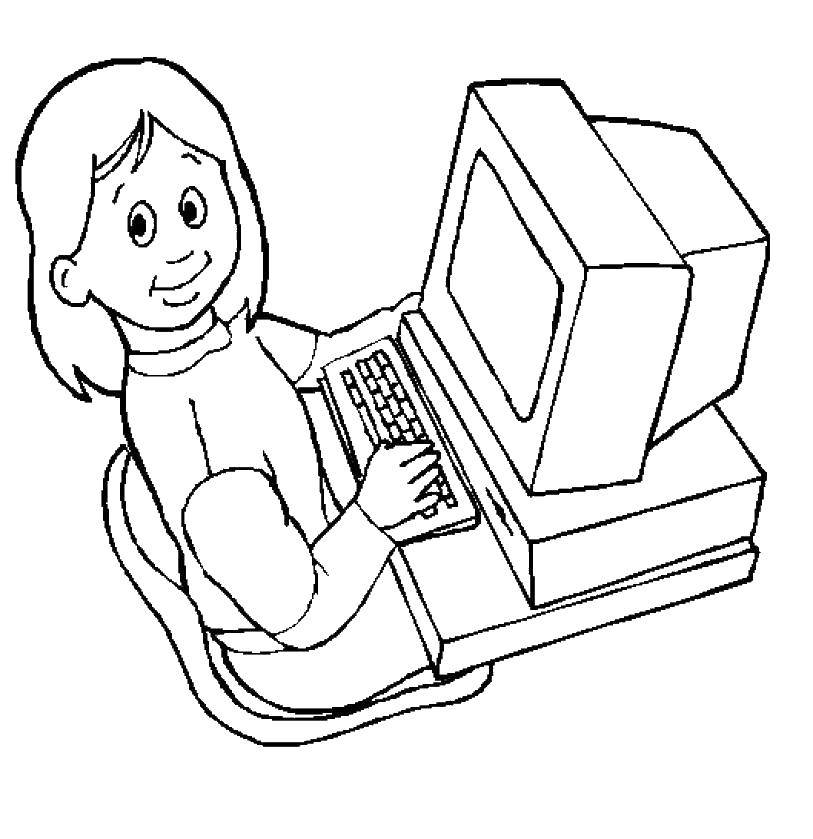 Coloring Girl with a computer. Category Technique. Tags:  technique, robot.