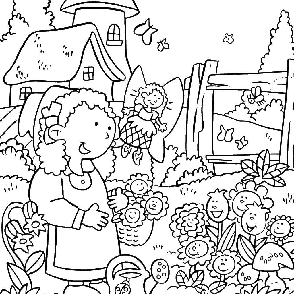 Название: Раскраска Дюймовочка в мамой на поляне с цветами. Категория: раскраски. Теги: Дюймовочка.