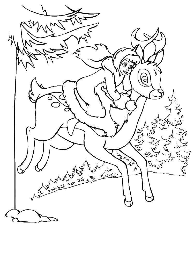 Coloring Gerda rides a deer. Category cartoons. Tags:  Gerda, Kai, snow Queen.