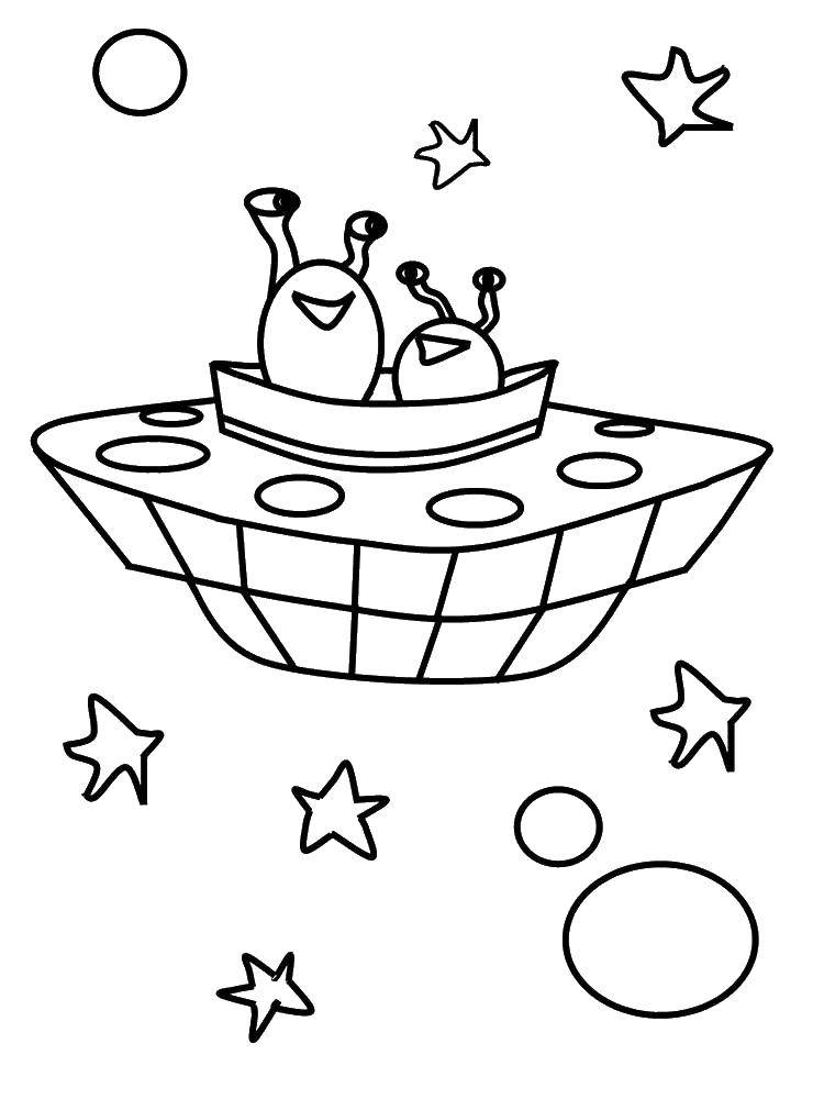 Coloring Aliens in a flying saucer. Category space. Tags:  space, UFO, aliens, planets, plate.