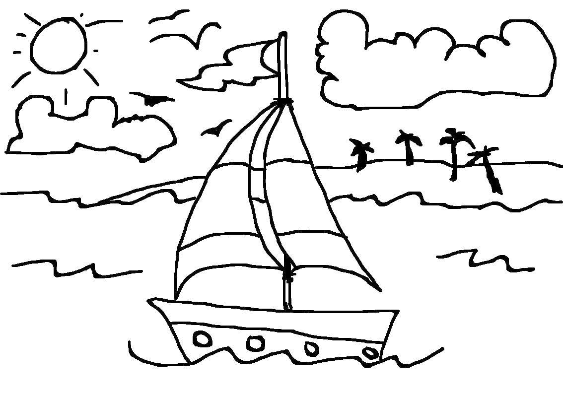 Название: Раскраска Кораблик плывет по волнам. Категория: морское. Теги: море, воды, СОЛНЦЕ, корабль.
