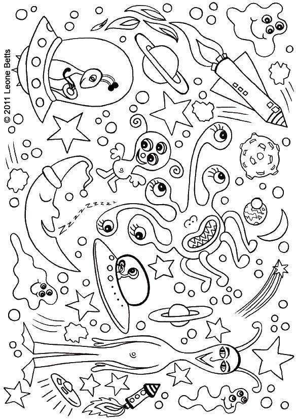 Coloring Space inhabitants. Category Space coloring pages. Tags:  Space, aliens, stars.