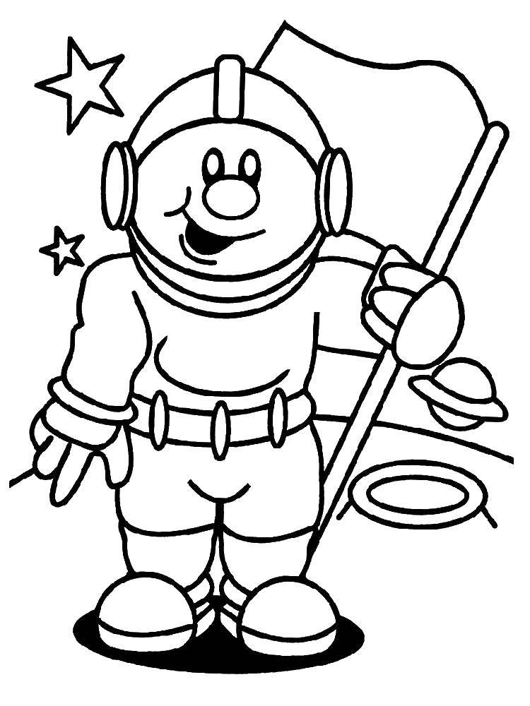 Coloring Astronaut with flag. Category The day of cosmonautics. Tags:  space, planet, rocket, the Gagarin, the day of cosmonautics, cosmonaut.