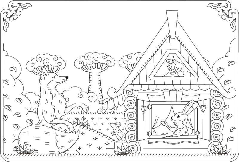 Coloring Knocking the Fox to the hare. Category tale Teremok. Tags:  Fox, Teremok.