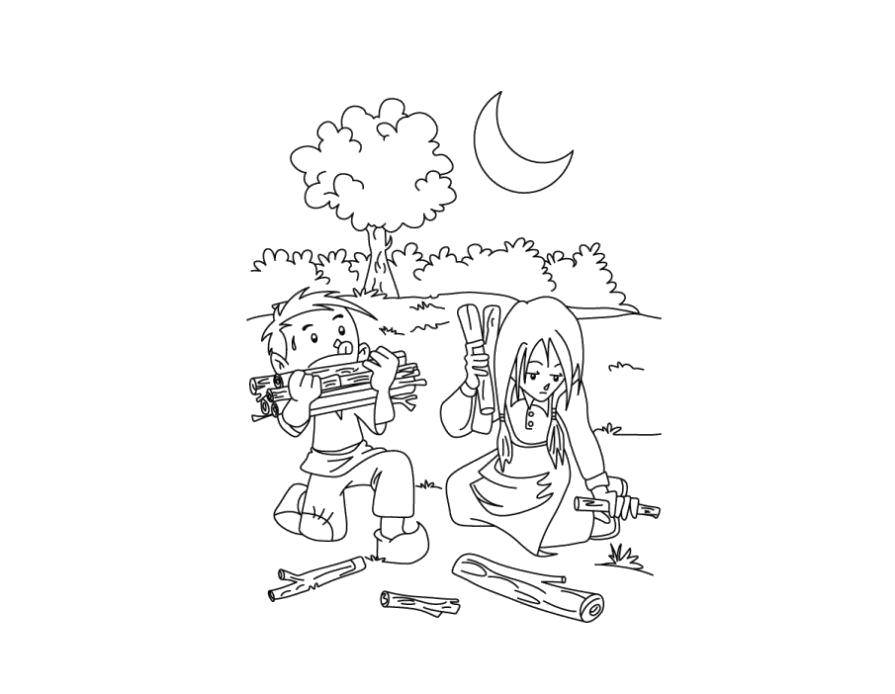 Название: Раскраска Мальчик и девочка собирают дрова для костра. Категория: отдых. Теги: Отдых, дети, костер, дрова, ночь, лес.