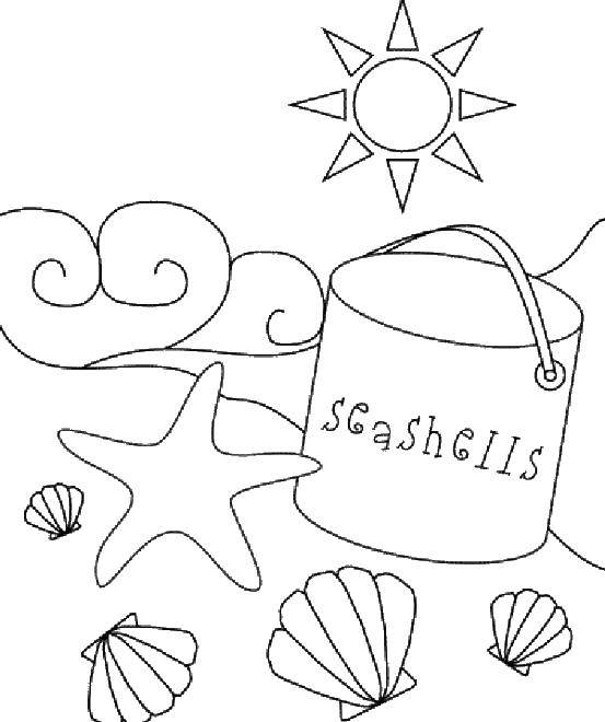 Coloring Beach accessories on the sand. Category marine. Tags:  Beach, umbrella, vacation, bucket, ball, crab.