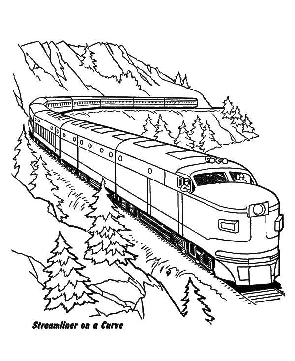 Название: Раскраска Поезд в горах. Категория: поезд. Теги: поезда, горы, транспорт.