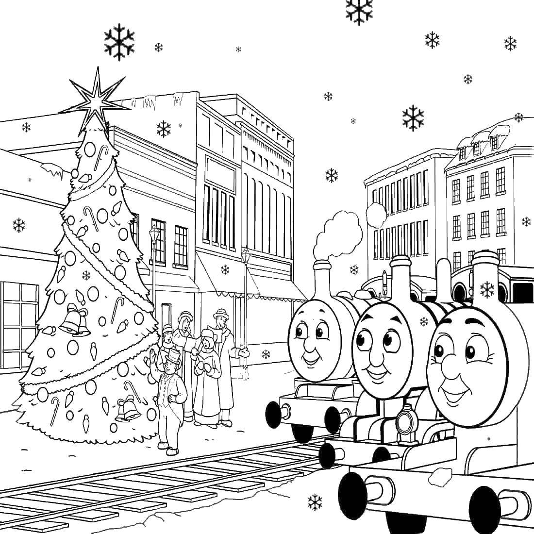 Название: Раскраска Поезда у рождественской елки. Категория: поезд. Теги: поезда, елка, рождество.