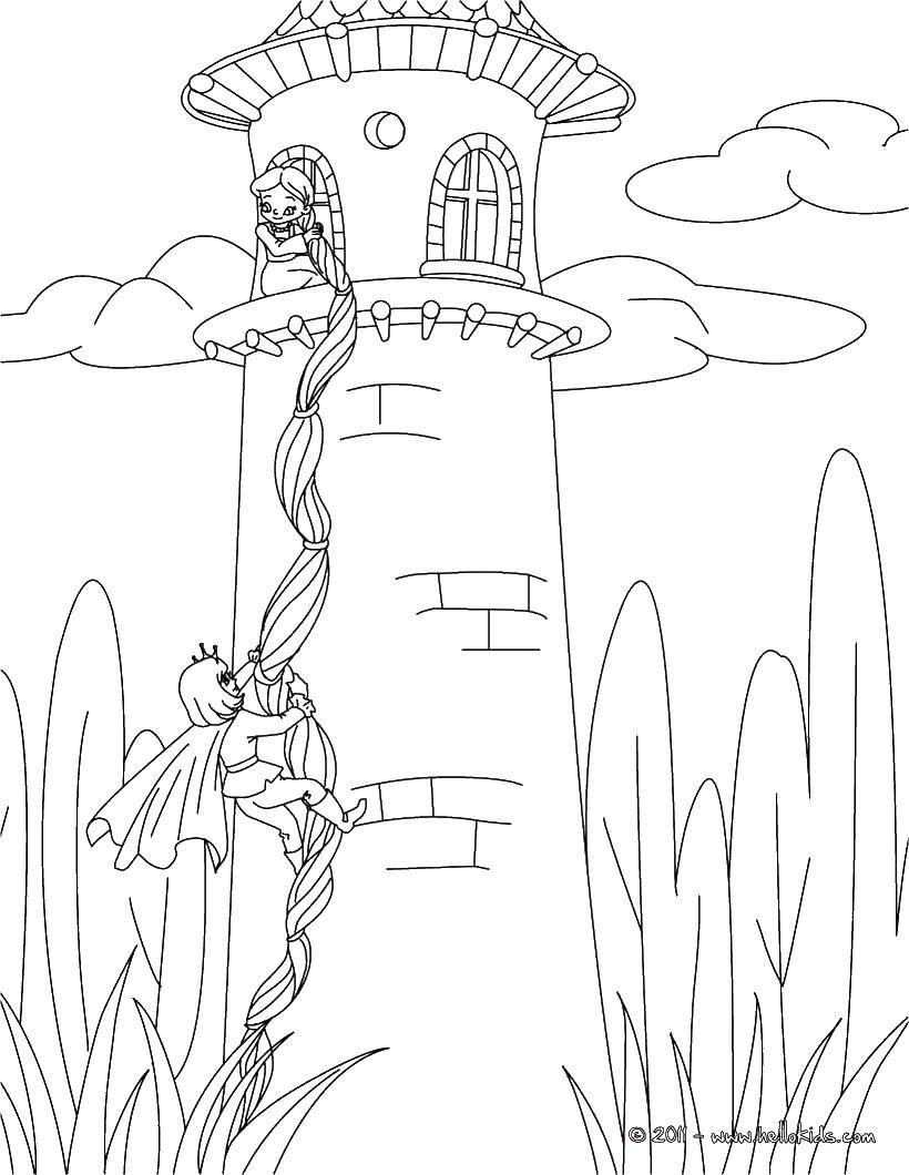 Coloring The Prince climbing the hair Rapunzel. Category Fairy tales. Tags:  fairy tales , Rapunzel, the Prince.