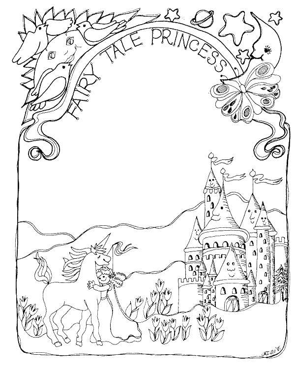 Название: Раскраска Принцесса с единорогом около замка. Категория: Сказки. Теги: сказки, замок, принцесса, единорог.