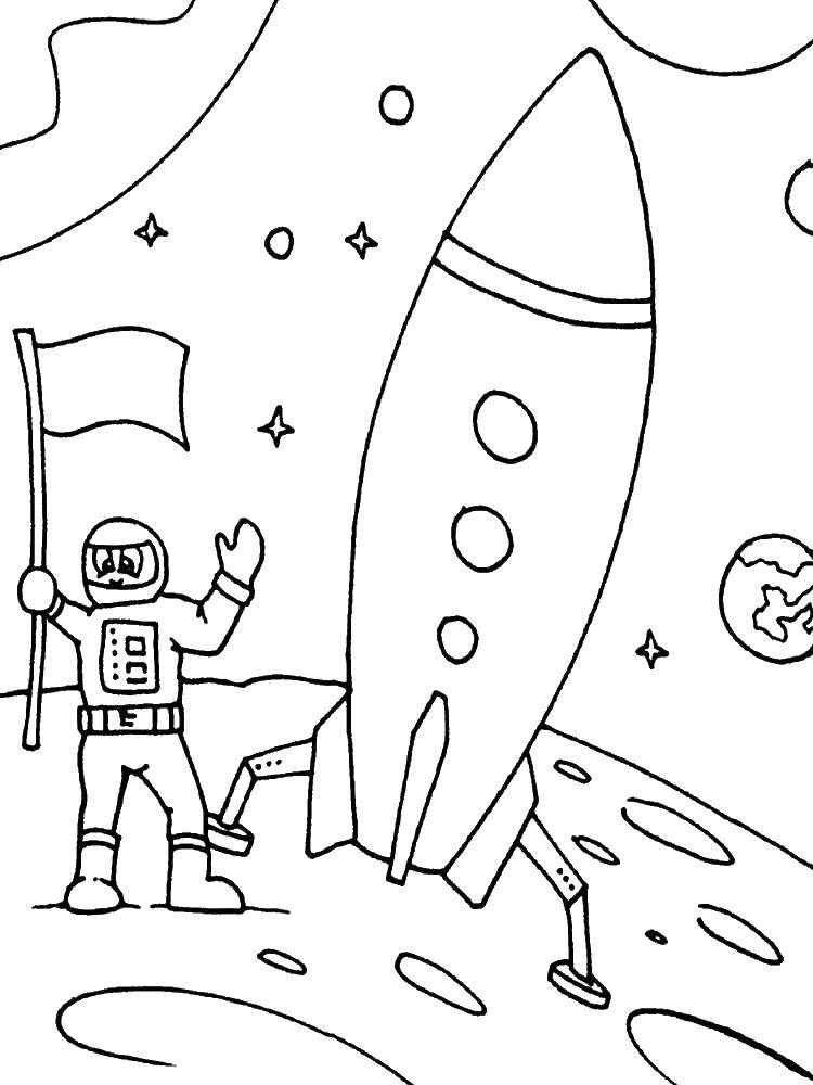 Coloring Rocket and astronaut on the moon. Category The day of cosmonautics. Tags:  space, planet, rocket, Gagarin cosmonautics day, moon.