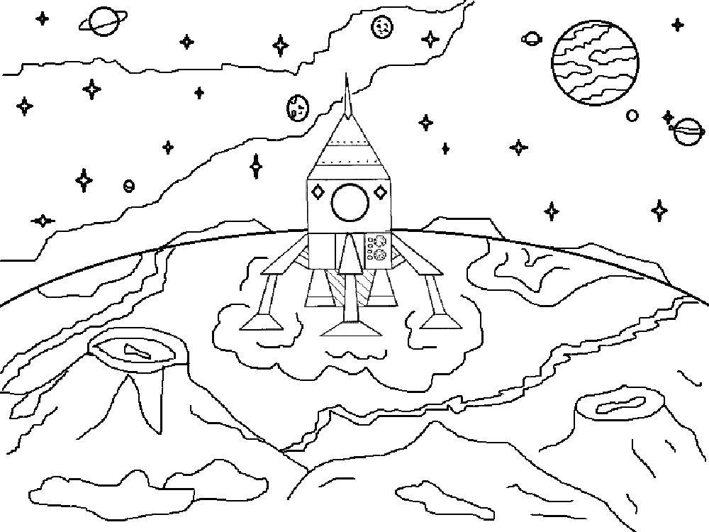 Название: Раскраска Ракета на луне. Категория: День космонавтики. Теги: космос, планета, ракета, Гагарин, день космонавтики, луна.