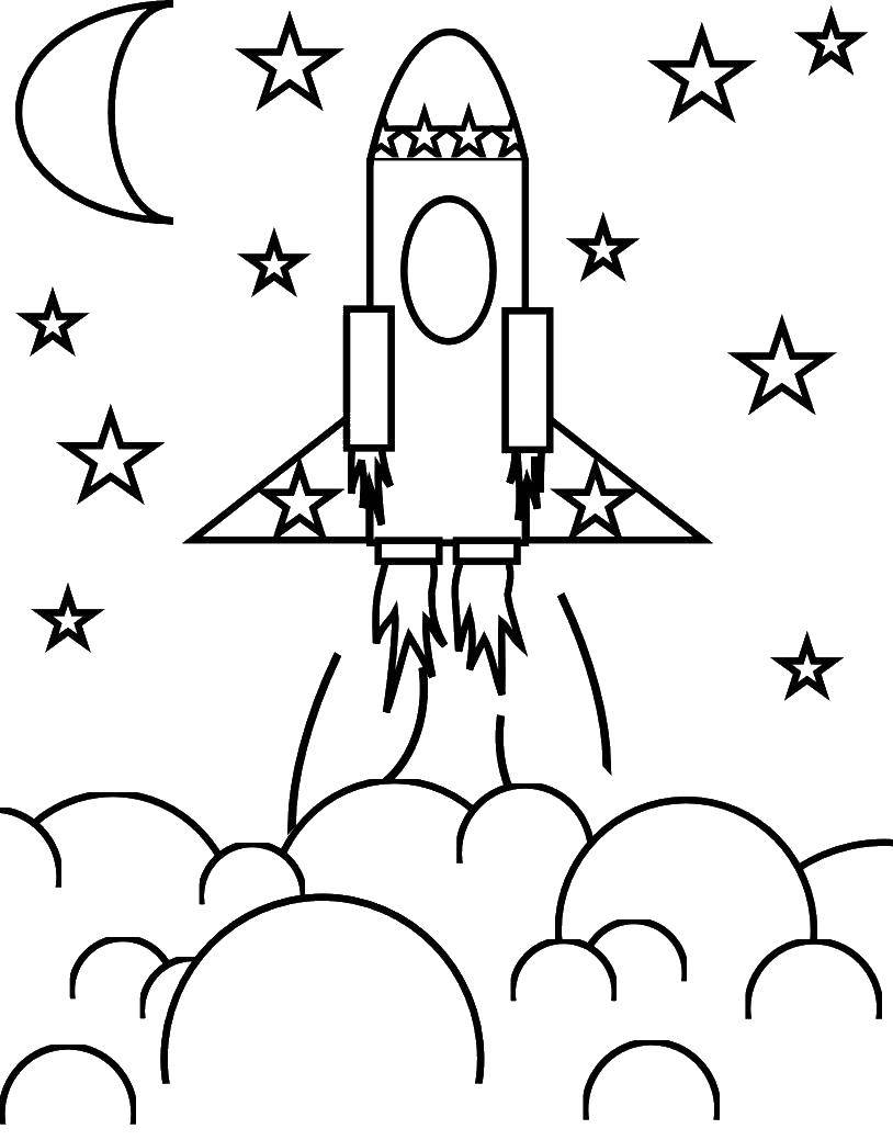 Название: Раскраска Ракета пролетела облака. Категория: ракеты. Теги: Космос, ракета, звезды.