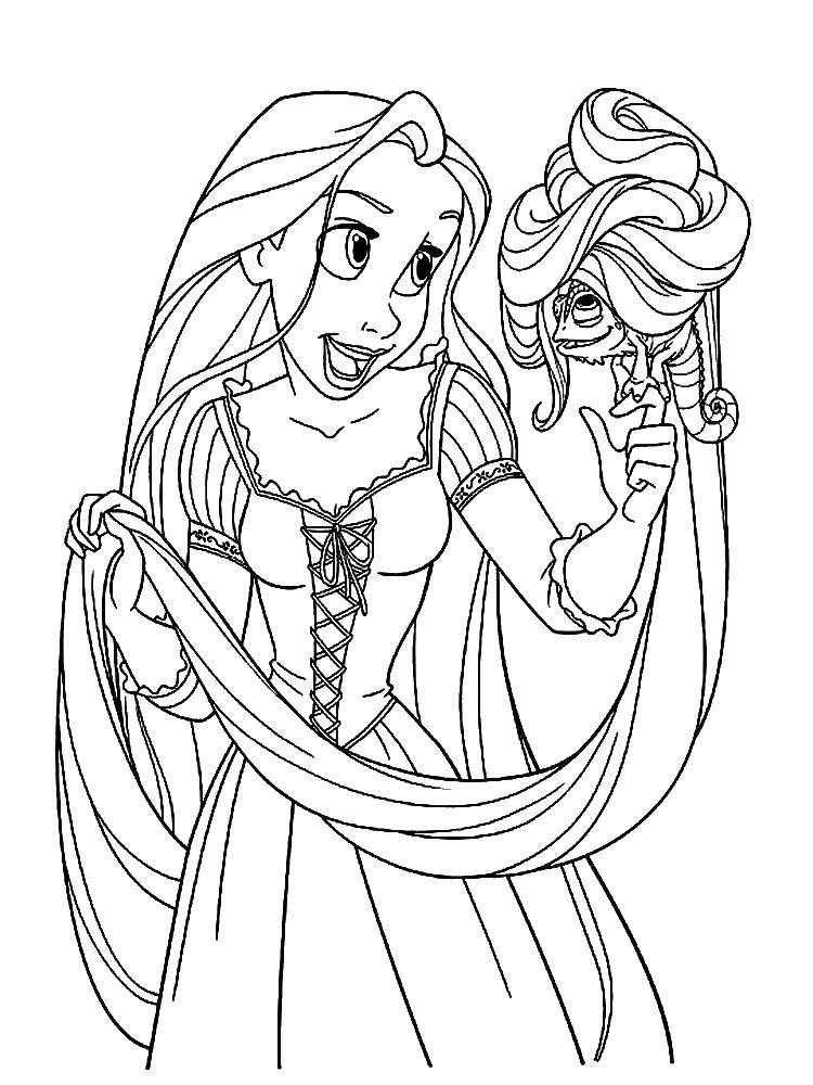 Название: Раскраска Рапунцель с хамелеоном. Категория: Принцессы. Теги: принцессы, Рапунцель, волосы, хамелеон.
