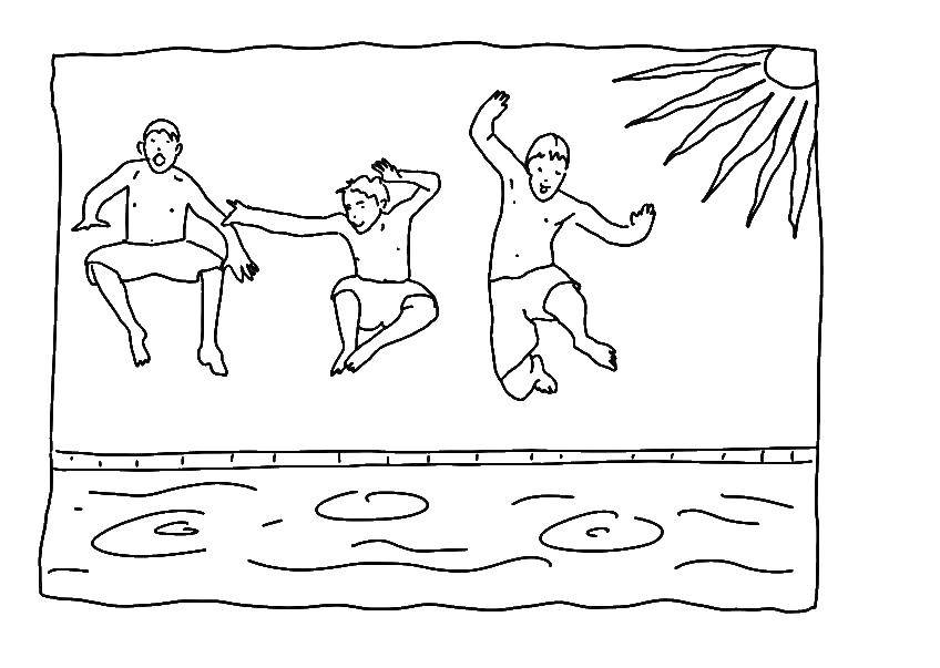 Название: Раскраска Ребята прыгают в воду. Категория: отдых. Теги: Отдых, дети, вода, веселье.