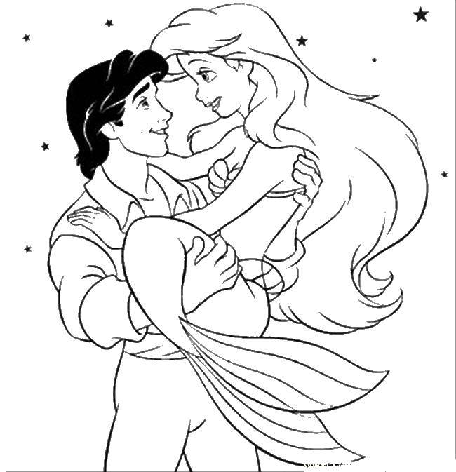 Название: Раскраска Русалка ариэль со своим принцем. Категория: Русалочка. Теги: русалка, принцесса, Ариэль.