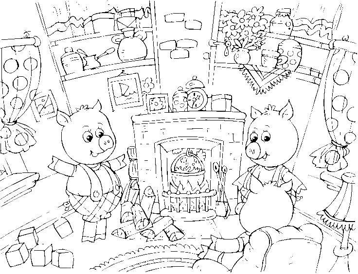 Coloring The three little pigs by the fireplace. Category Fairy tales. Tags:  Fairy tales , Three little pigs .