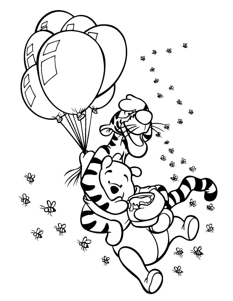 Название: Раскраска Винни с тигренком на шарах. Категория: шарики. Теги: Персонаж из мультфильма, Винни Пух.