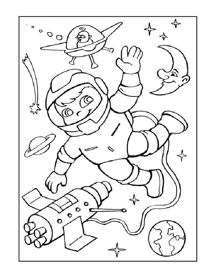 Название: Раскраска Юный космонавт в космосе. Категория: День космонавтики. Теги: космос, планета, ракета, космонавт.