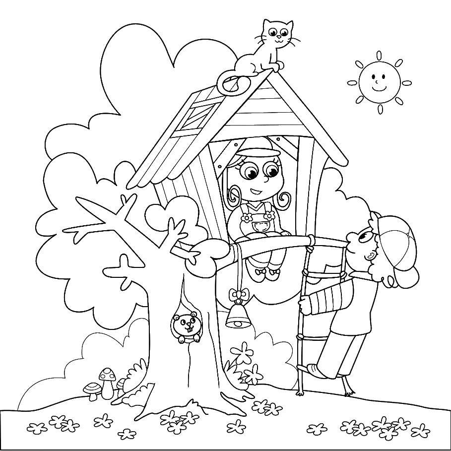 Розмальовки  Діти грають в будиночку на дереві. Завантажити розмальовку будинок, дерево, діти.  Роздрукувати ,Літо,