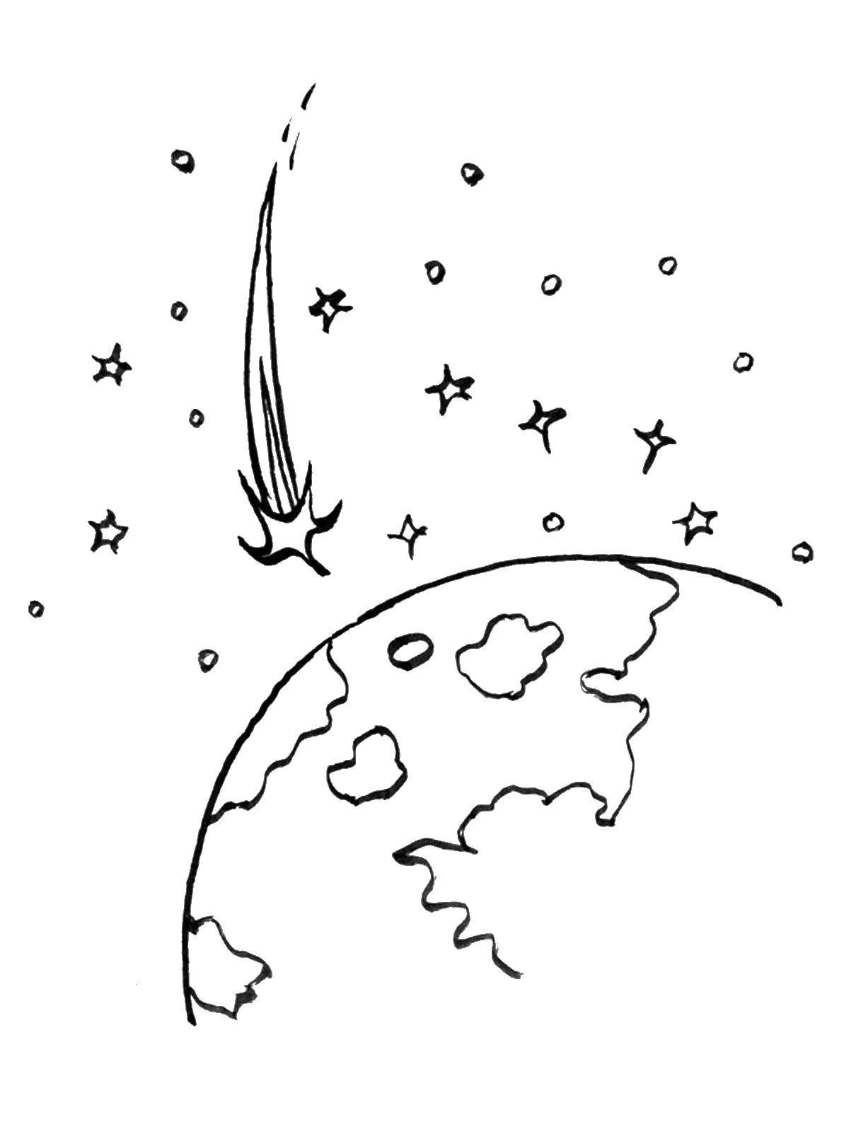 Розмальовки  Комета і земля. Завантажити розмальовку - космос, планета, ракета, Гагарін, день космонавтики, комета.  Роздрукувати ,День космонавтики,