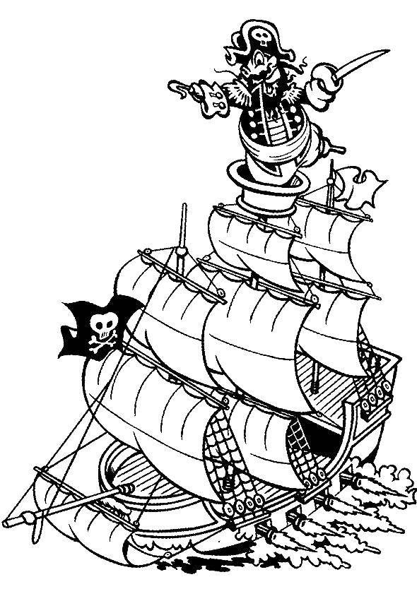 Розмальовки  Піратський корабель з піратом. Завантажити розмальовку пірати.  Роздрукувати ,пірати,