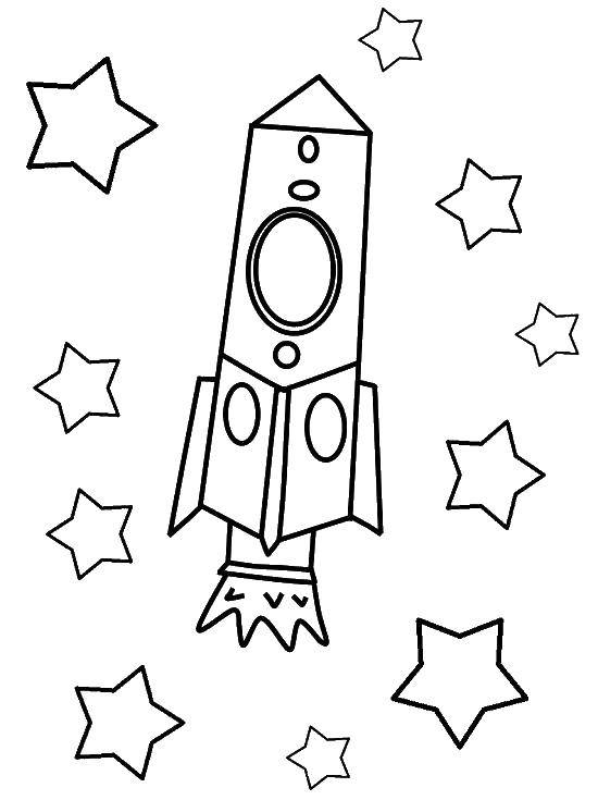 Розмальовки  Ракета серед зірок. Завантажити розмальовку - космос, планета, ракета, Гагарін, день космонавтики, зірки.  Роздрукувати ,День космонавтики,