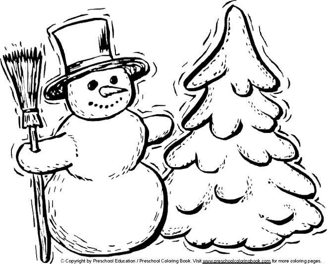Розмальовки  Сніговик з мітлою. Завантажити розмальовку зима, ялинка, сніговик.  Роздрукувати ,розмальовки зима,